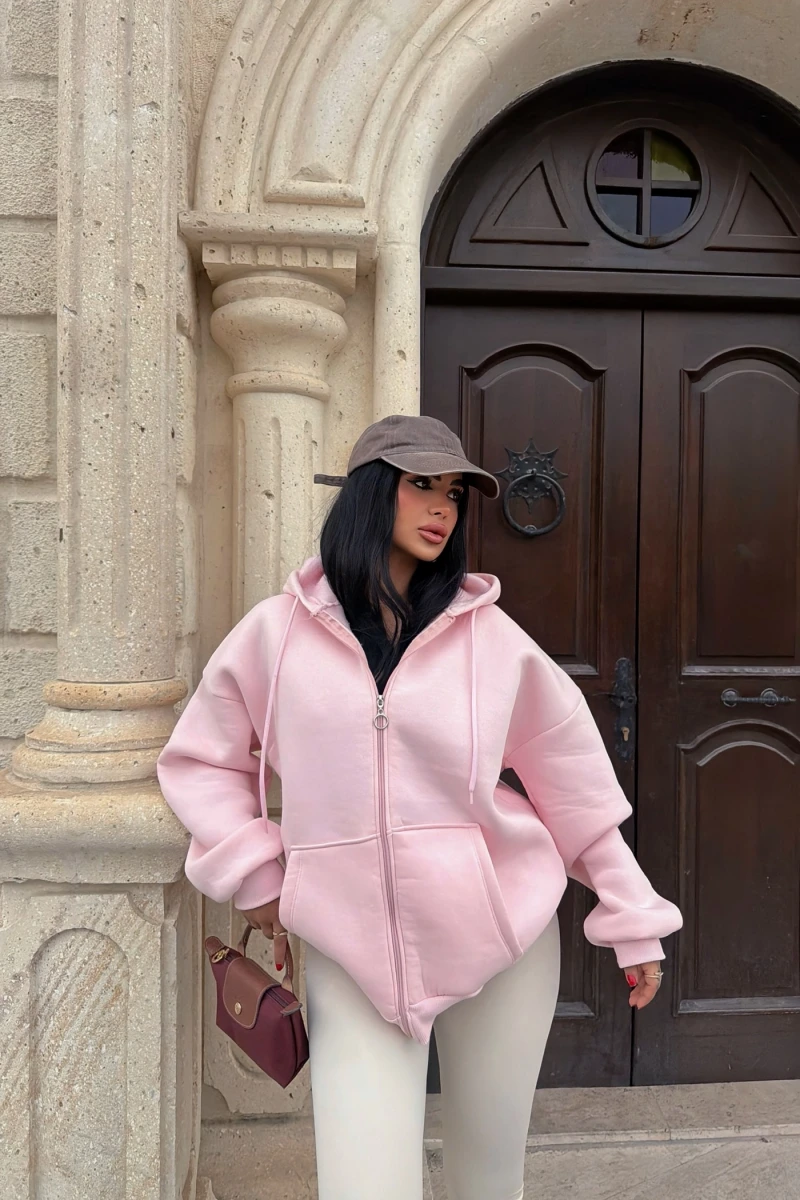 Pudra İçi Şardonlu Oversize Kapşonlu Hırka