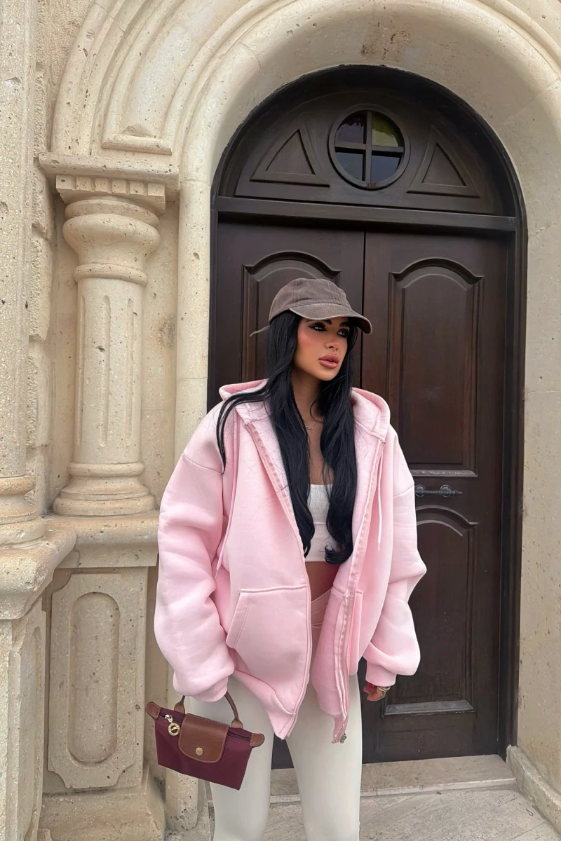 Pudra İçi Şardonlu Oversize Kapşonlu Hırka