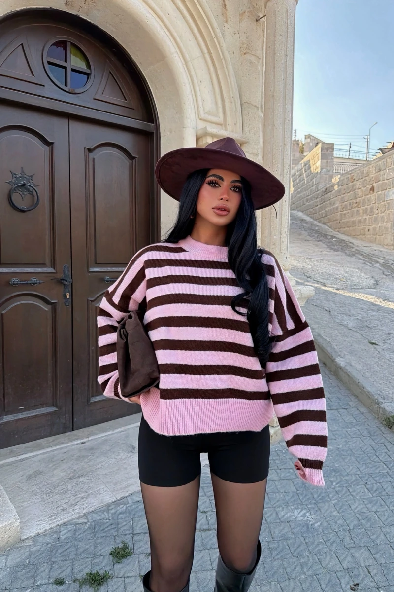 Pudra Miley Çizgili Oversize Kazak