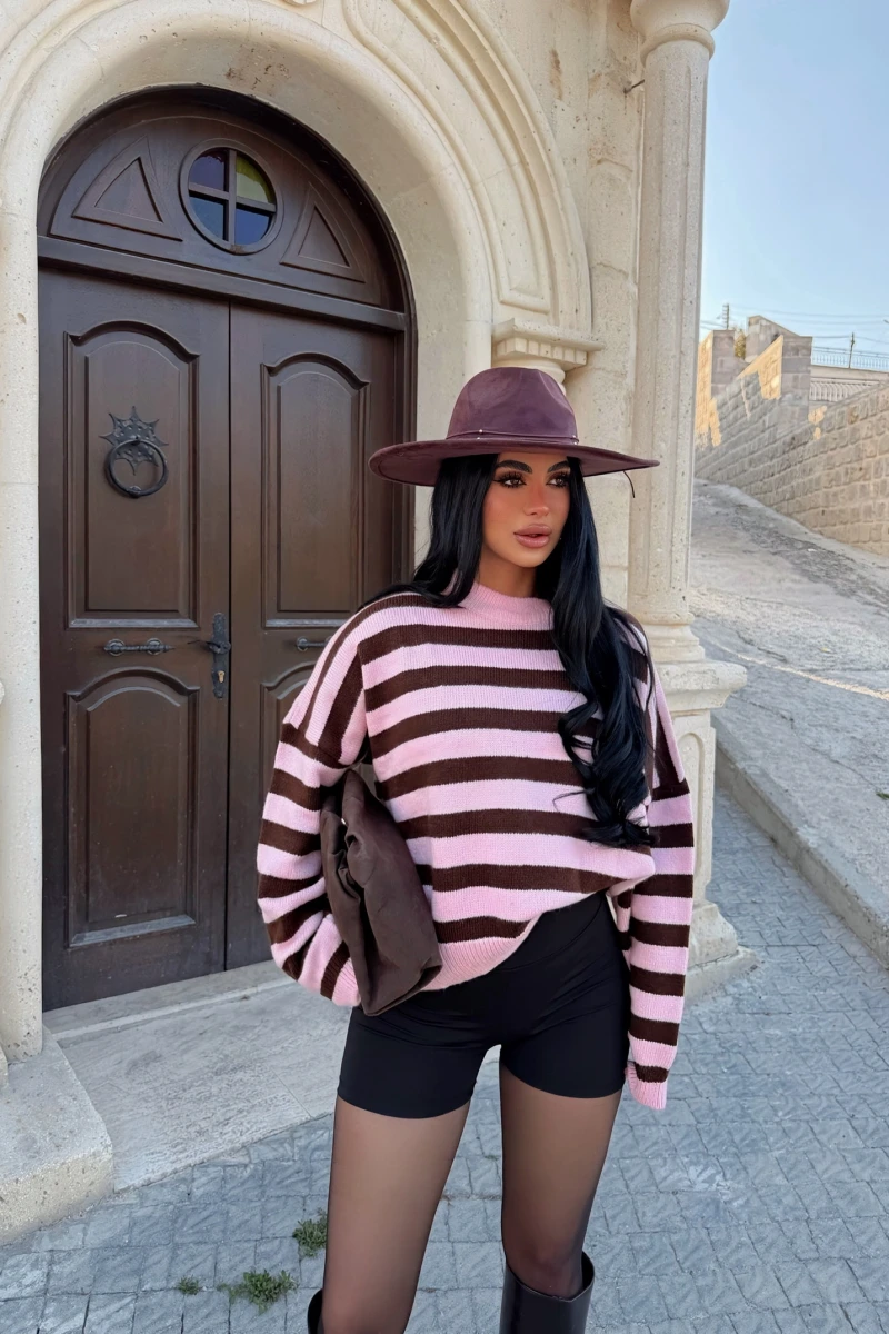 Pudra Miley Çizgili Oversize Kazak