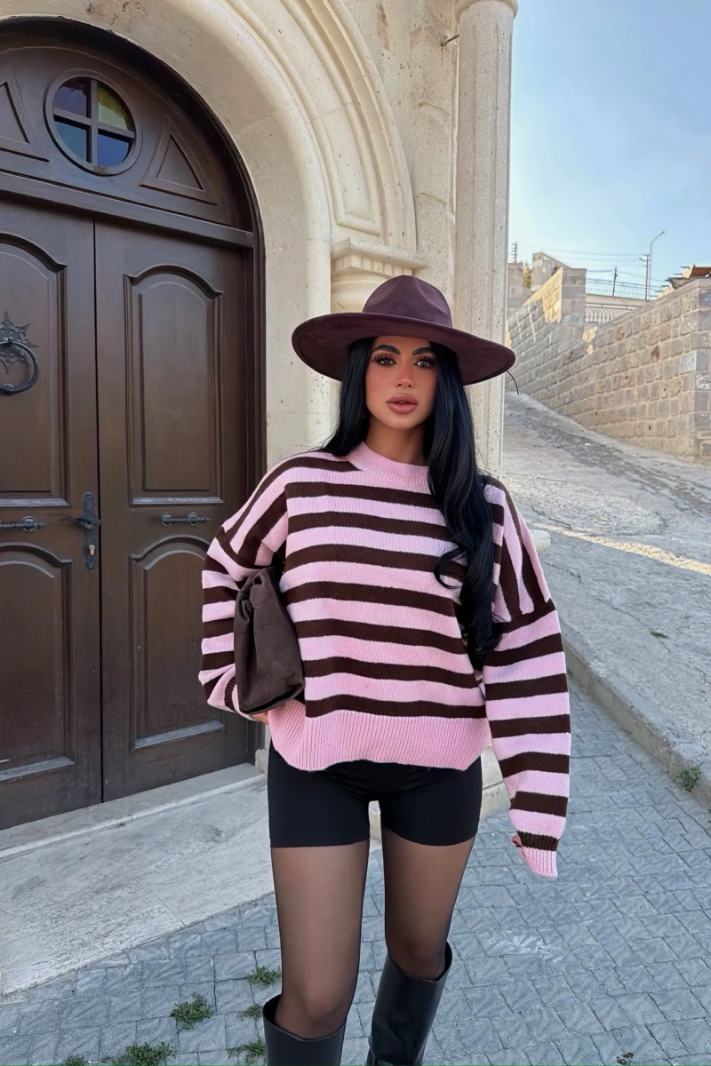 Pudra Miley Çizgili Oversize Kazak