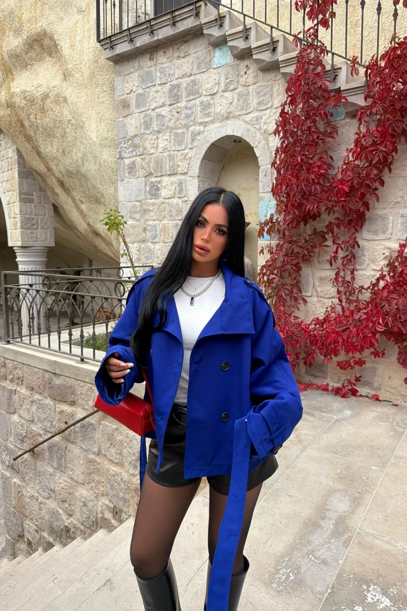 Saks Mavi Dik Yaka Kuşaklı Trençkot