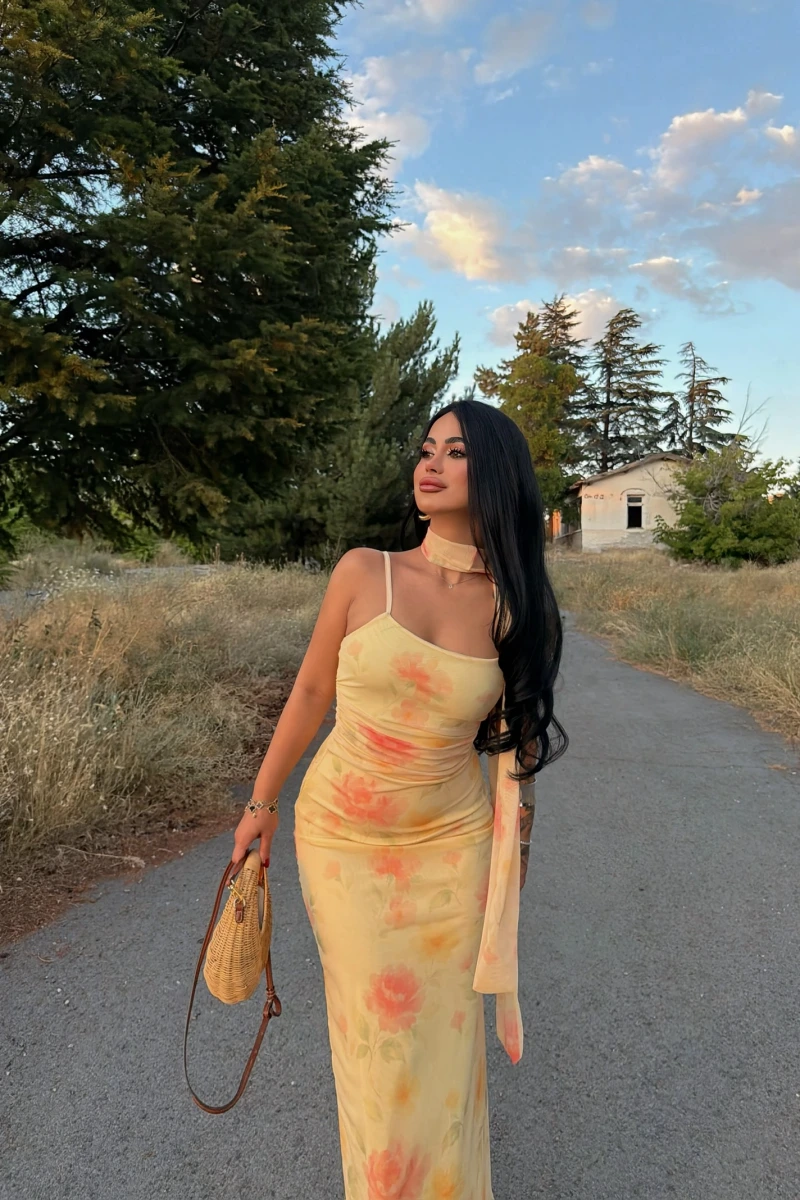 Sarı Boyun Fularlı Tül Elbise