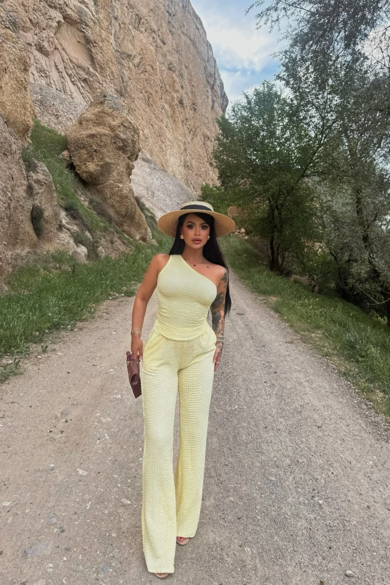 Sarı Gofre Tek Omuz İkili Takım