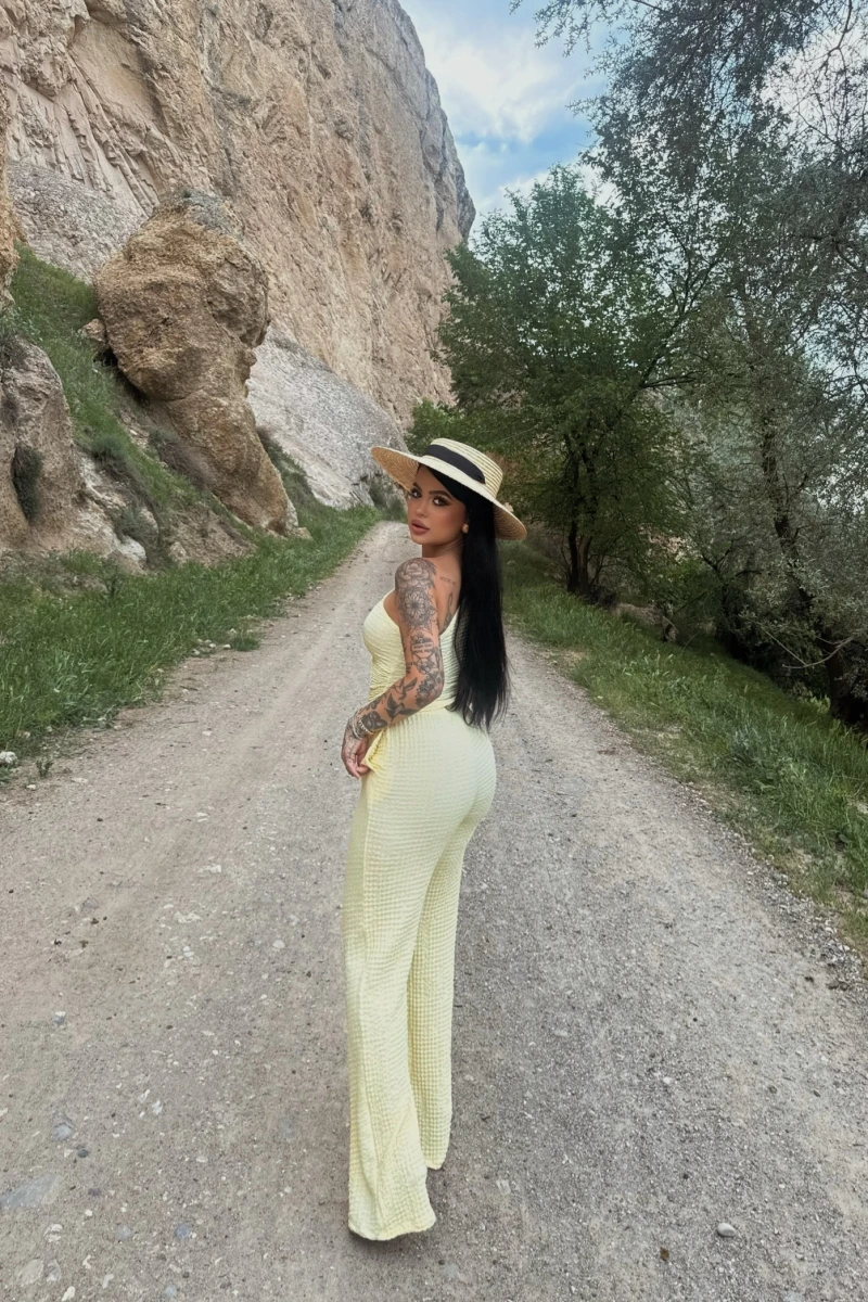 Sarı Gofre Tek Omuz İkili Takım