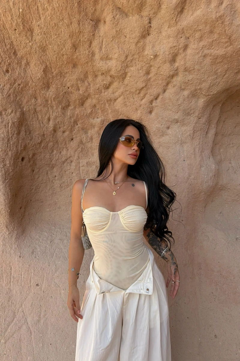 Sarı İp Askılı Tül Bodysuit