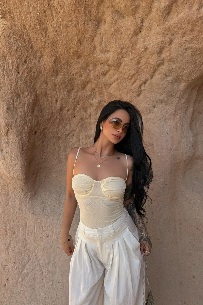 Sarı İp Askılı Tül Bodysuit