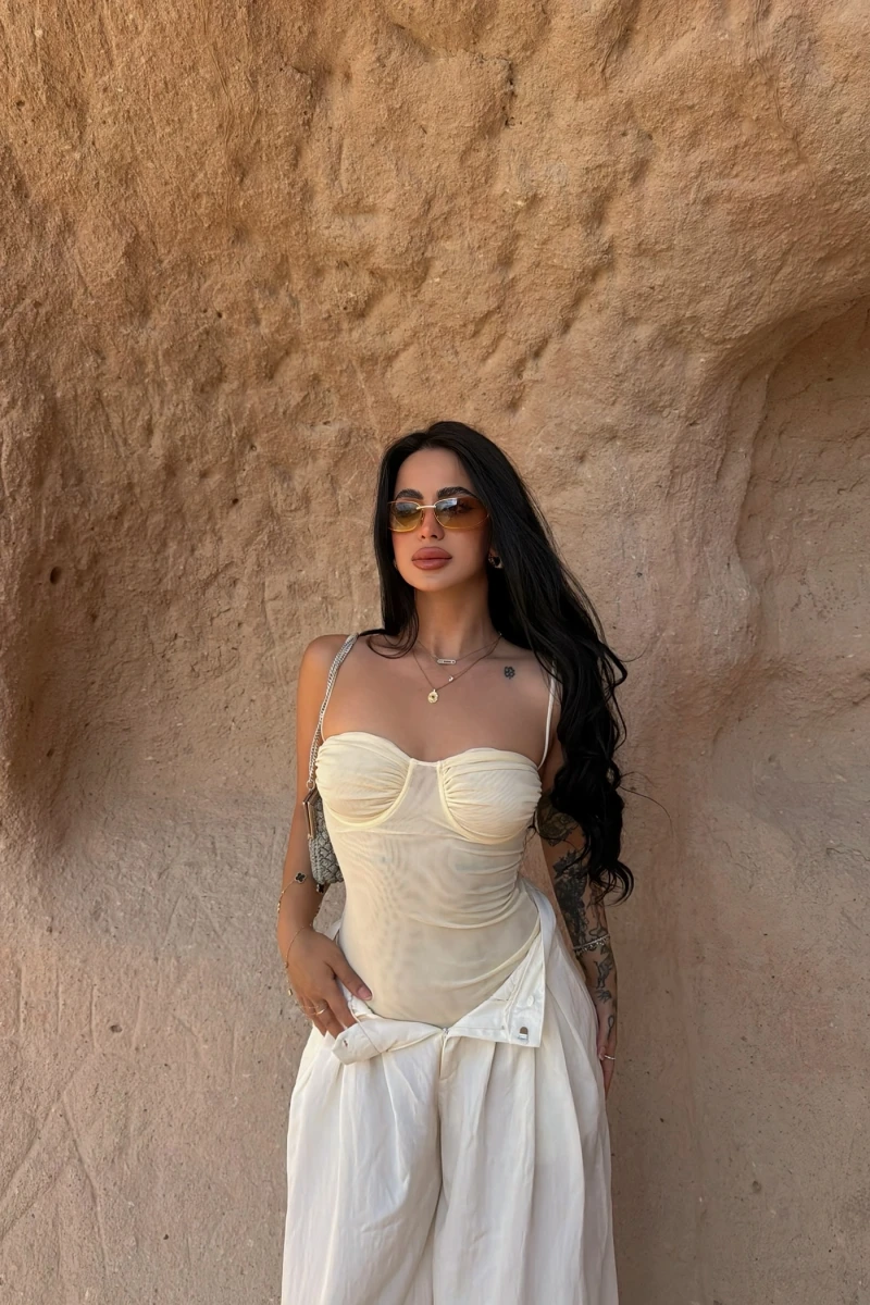 Sarı İp Askılı Tül Bodysuit
