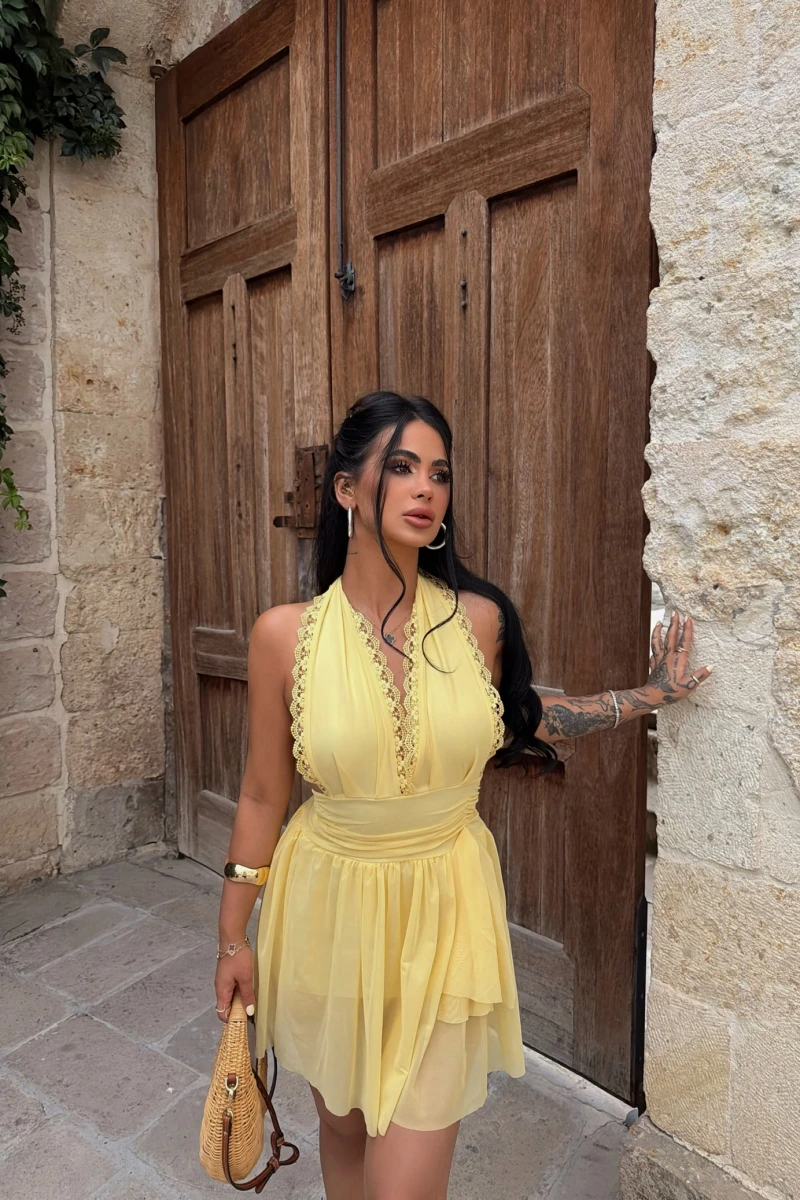 Sarı Maya Dantel Biyeli Elbise