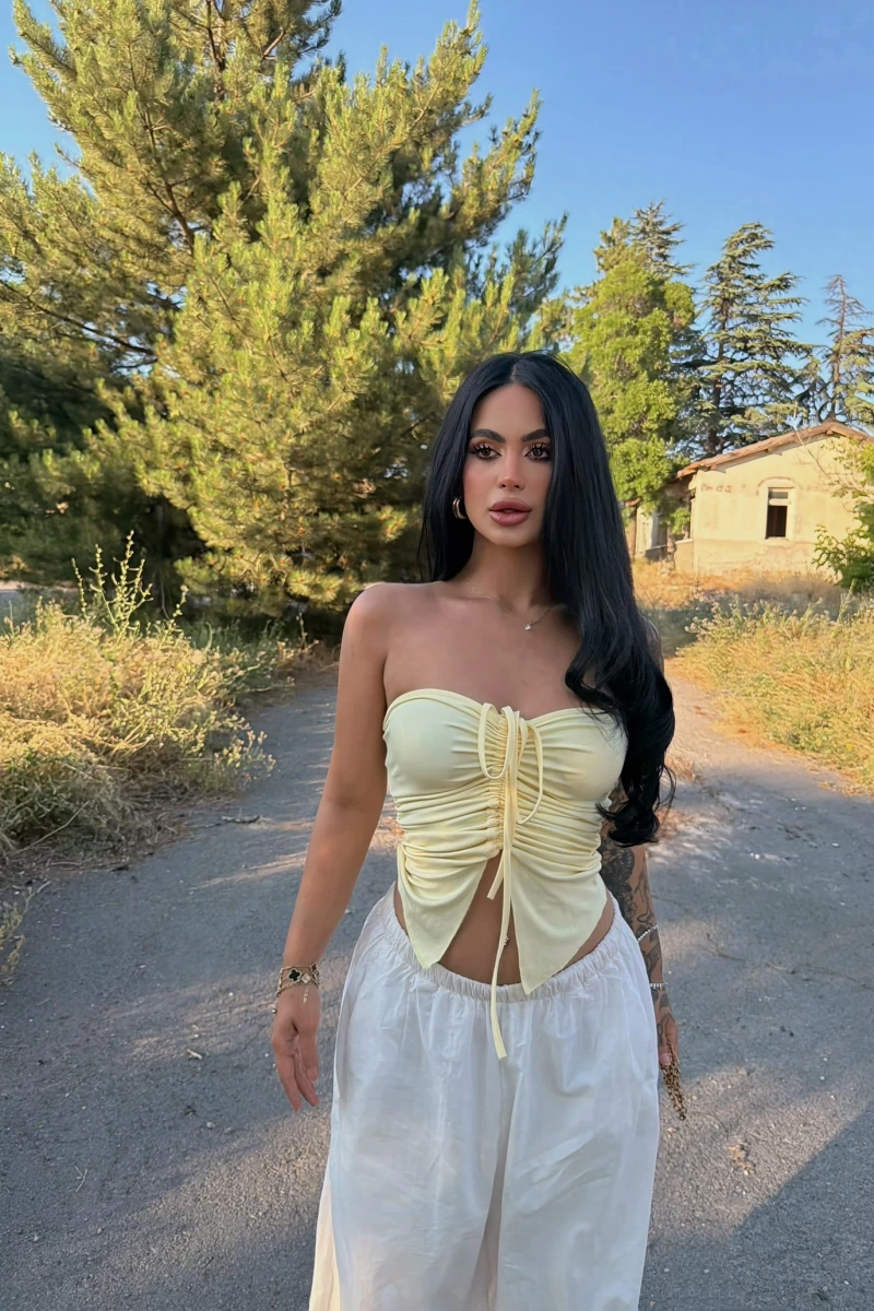 Sarı Ön Büzgülü Kelebek Crop