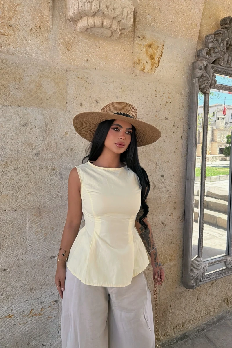 Sarı Sırt Bağcıklı Poplin Bluz
