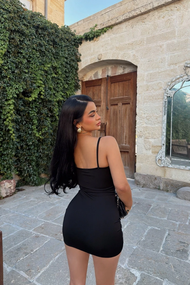 Siyah Baget Taşlı Mini Elbise