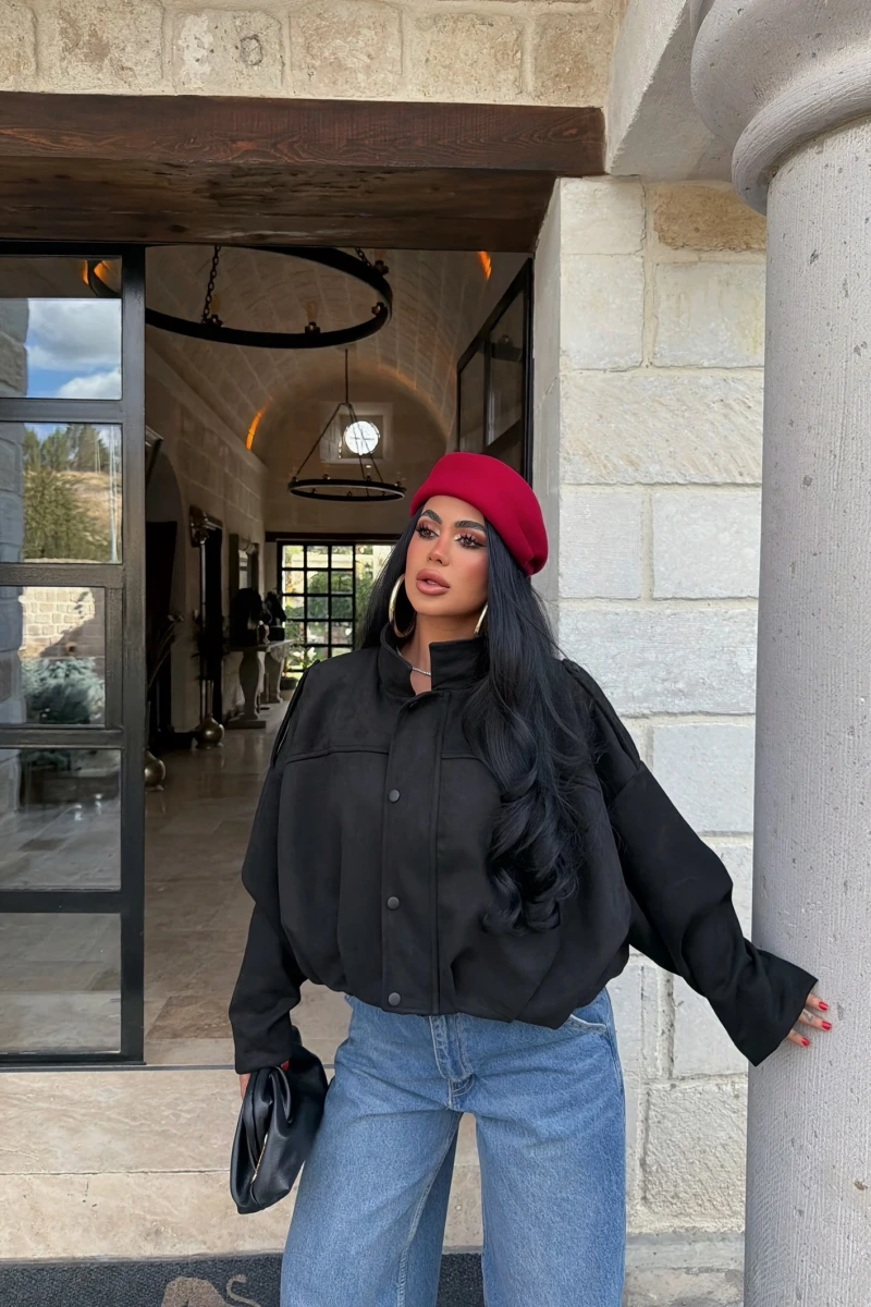 Siyah Balon Kol Süet Ceket