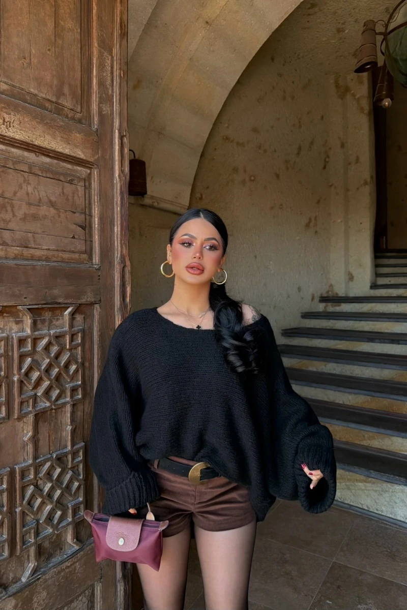 Siyah Batwing Oversize Triko Kazak