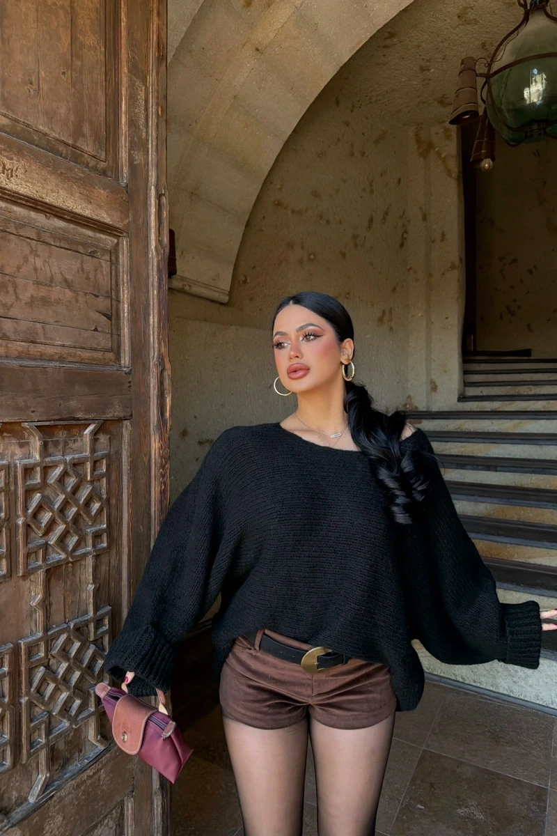 Siyah Batwing Oversize Triko Kazak