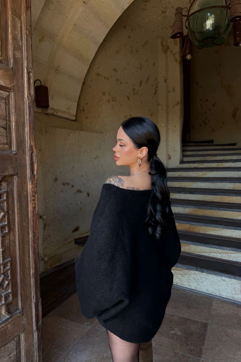 Siyah Batwing Oversize Triko Kazak