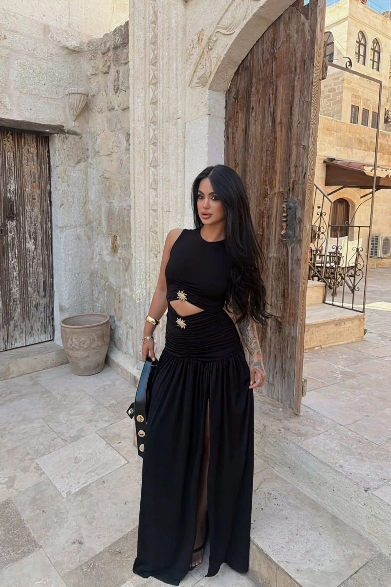 Siyah Çift Aksesuarlı Resort Elbise