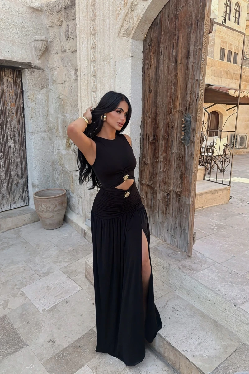 Siyah Çift Aksesuarlı Resort Elbise