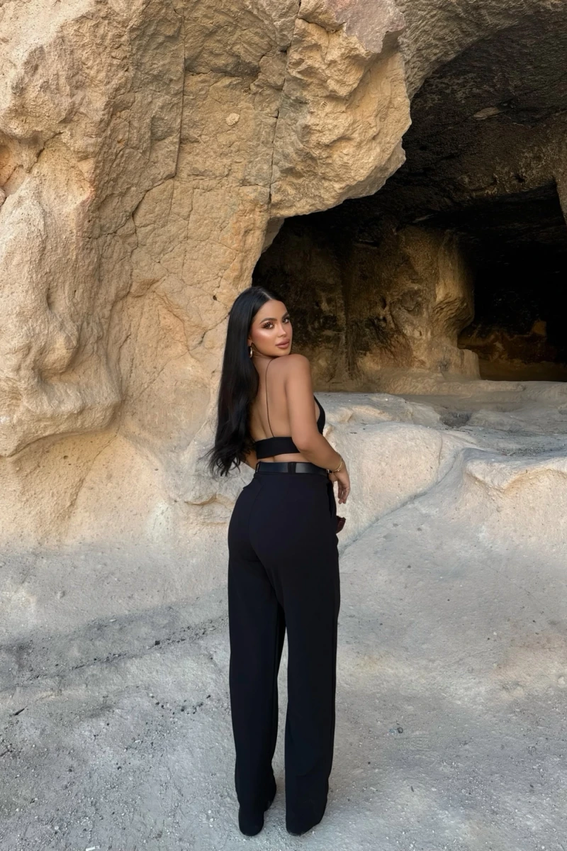 Siyah Çift Pile Kemerli Pantolon