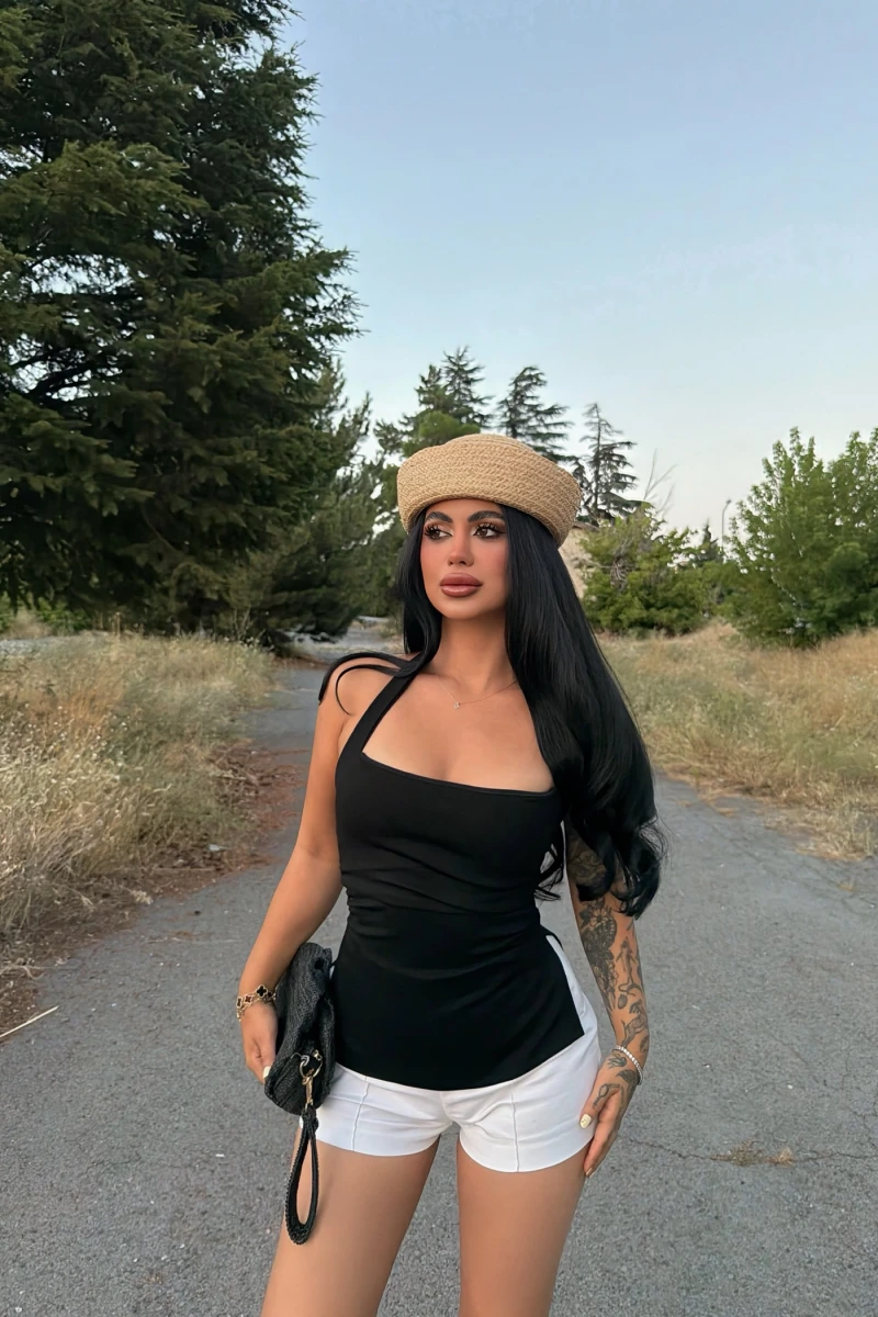 Siyah Çift Yırtmaçlı Modal Bluz