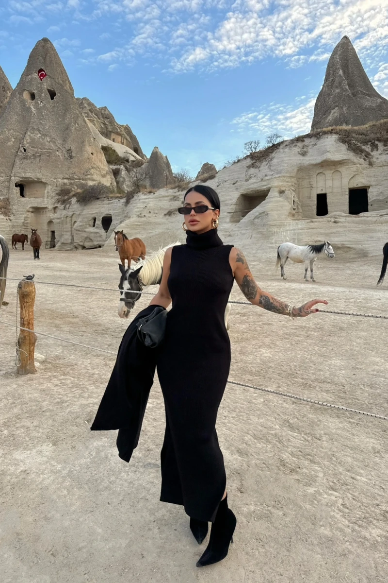 Siyah Elbise Hırka Triko İkili Takım