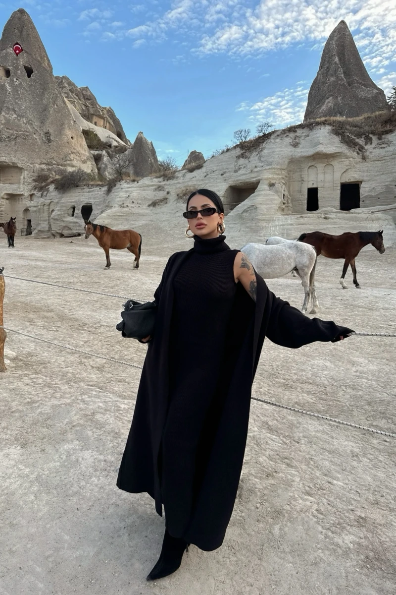 Siyah Elbise Hırka Triko İkili Takım
