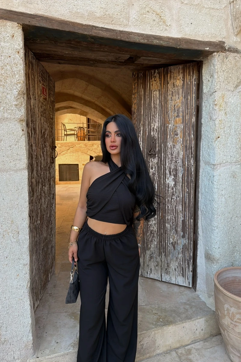Siyah Elina Yaka Çapraz Keten Takım