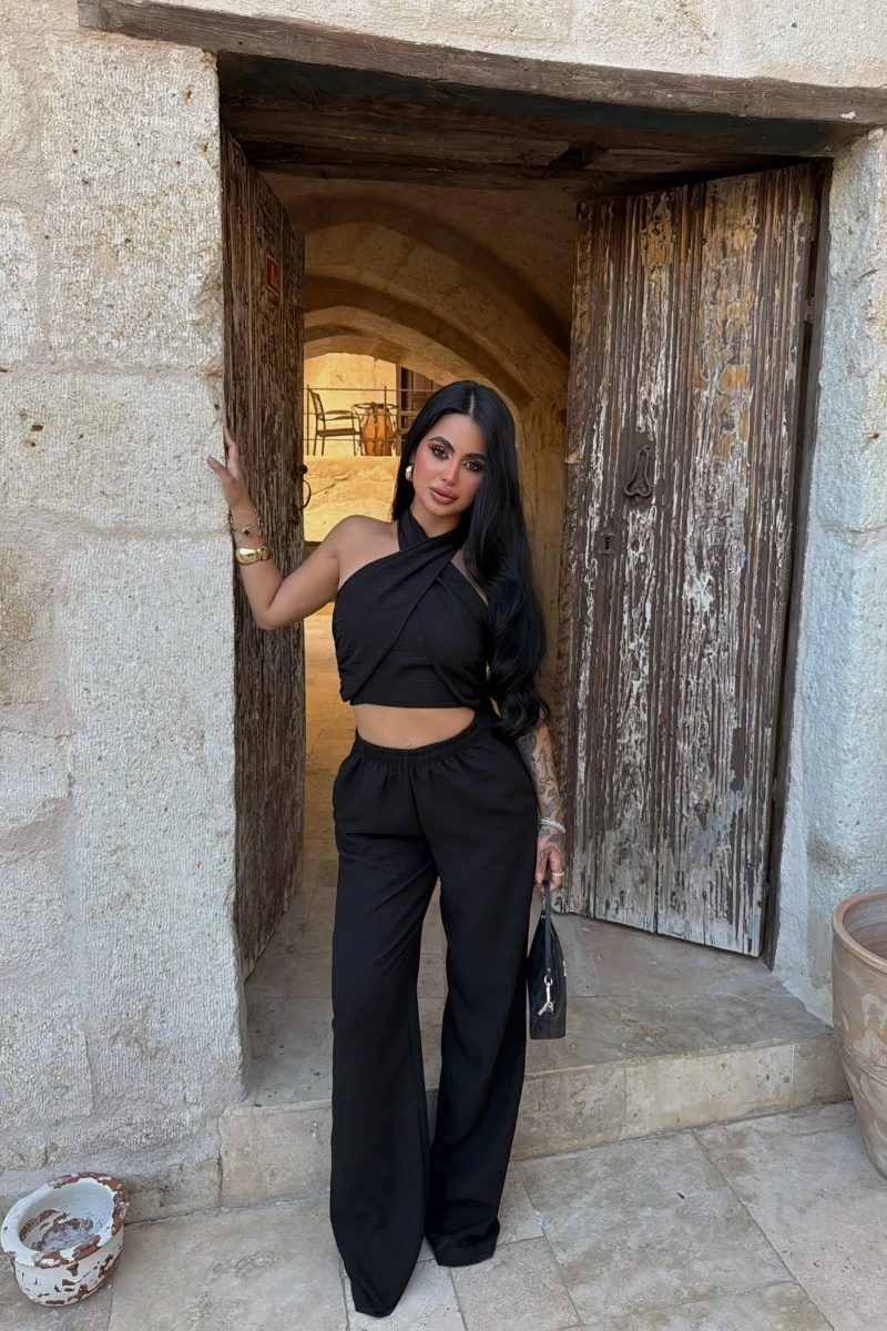 Siyah Elina Yaka Çapraz Keten Takım