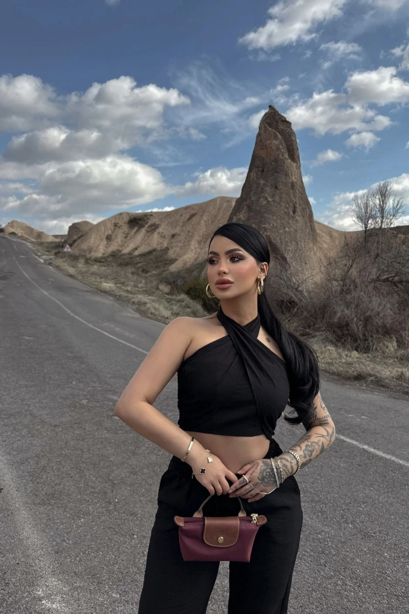 Siyah Elina Yaka Çapraz Keten Takım