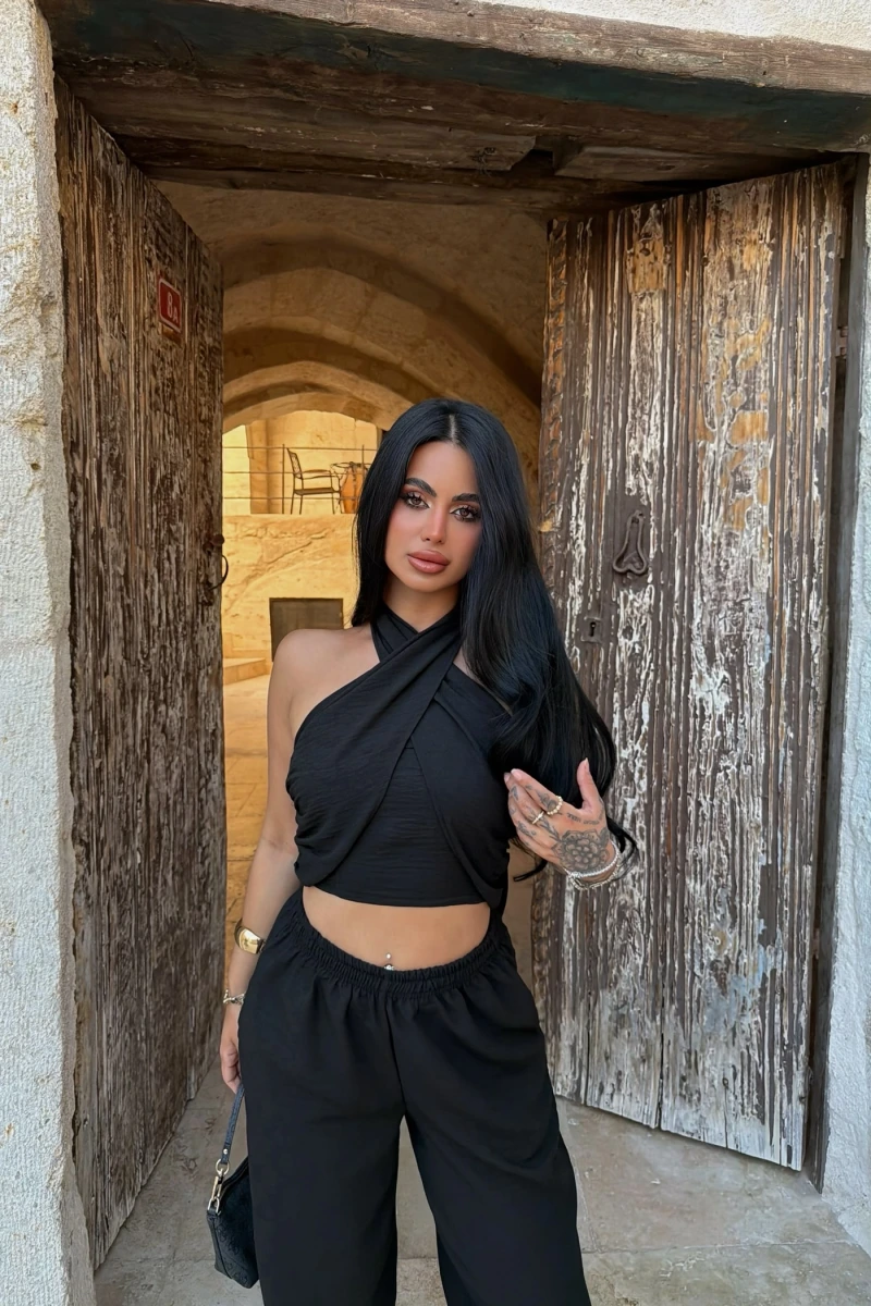 Siyah Elina Yaka Çapraz Keten Takım