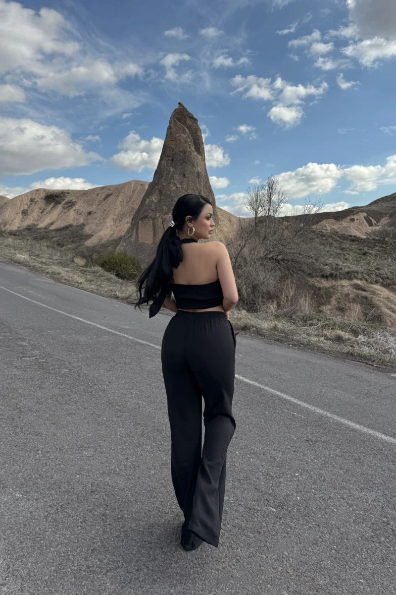 Siyah Elina Yaka Çapraz Keten Takım