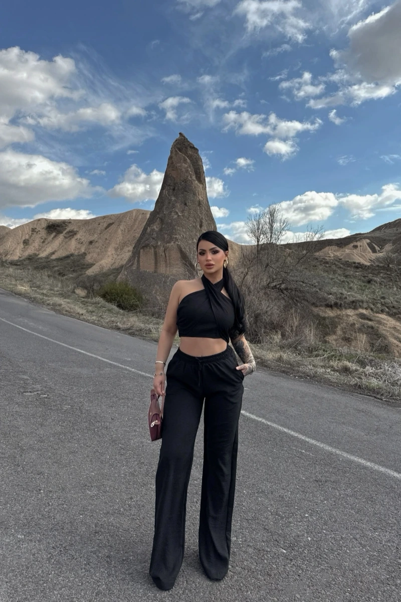 Siyah Elina Yaka Çapraz Keten Takım