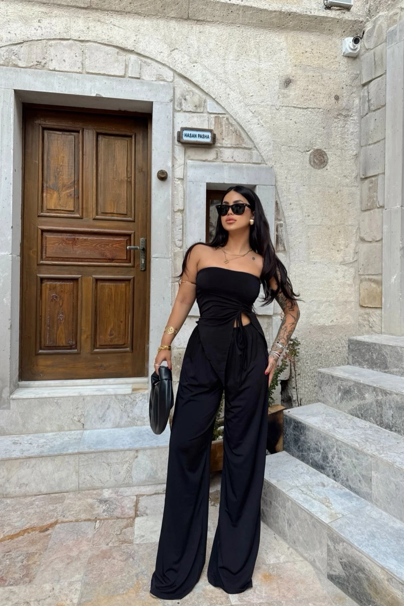 Siyah Eva Yan Büzgülü Straplez Takım