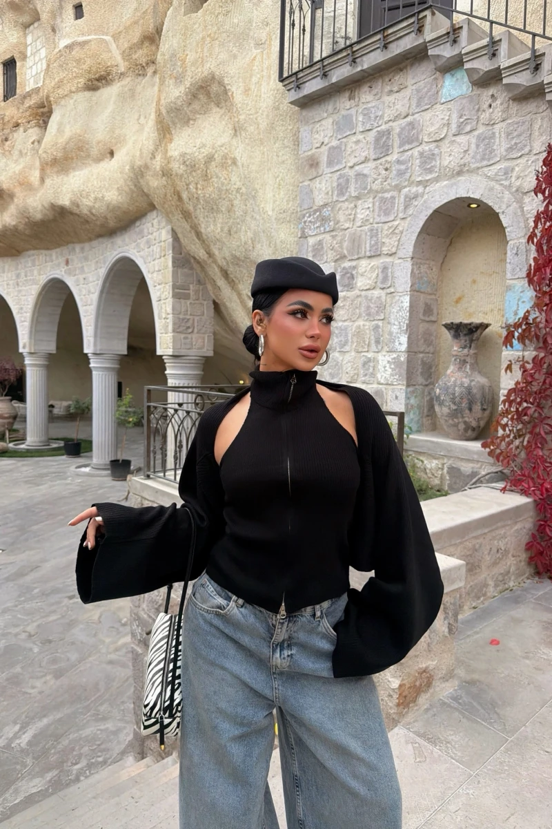 Siyah Fermuarlı Bolerolu İkili Takım