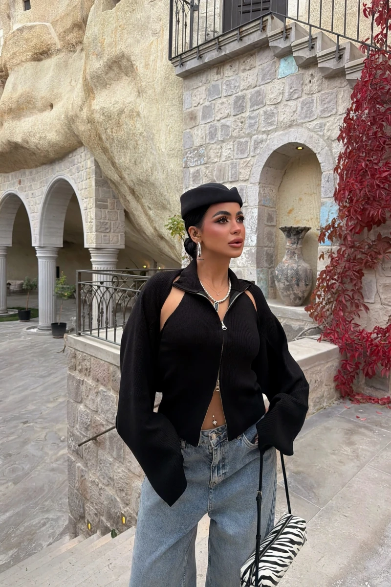 Siyah Fermuarlı Bolerolu İkili Takım
