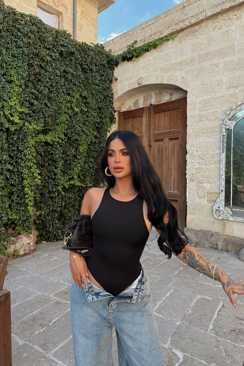 Siyah Halter Basic Bodysuit