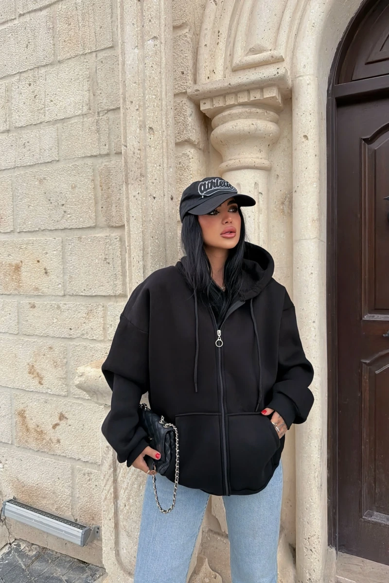 Siyah İçi Şardonlu Oversize Kapşonlu Hırka