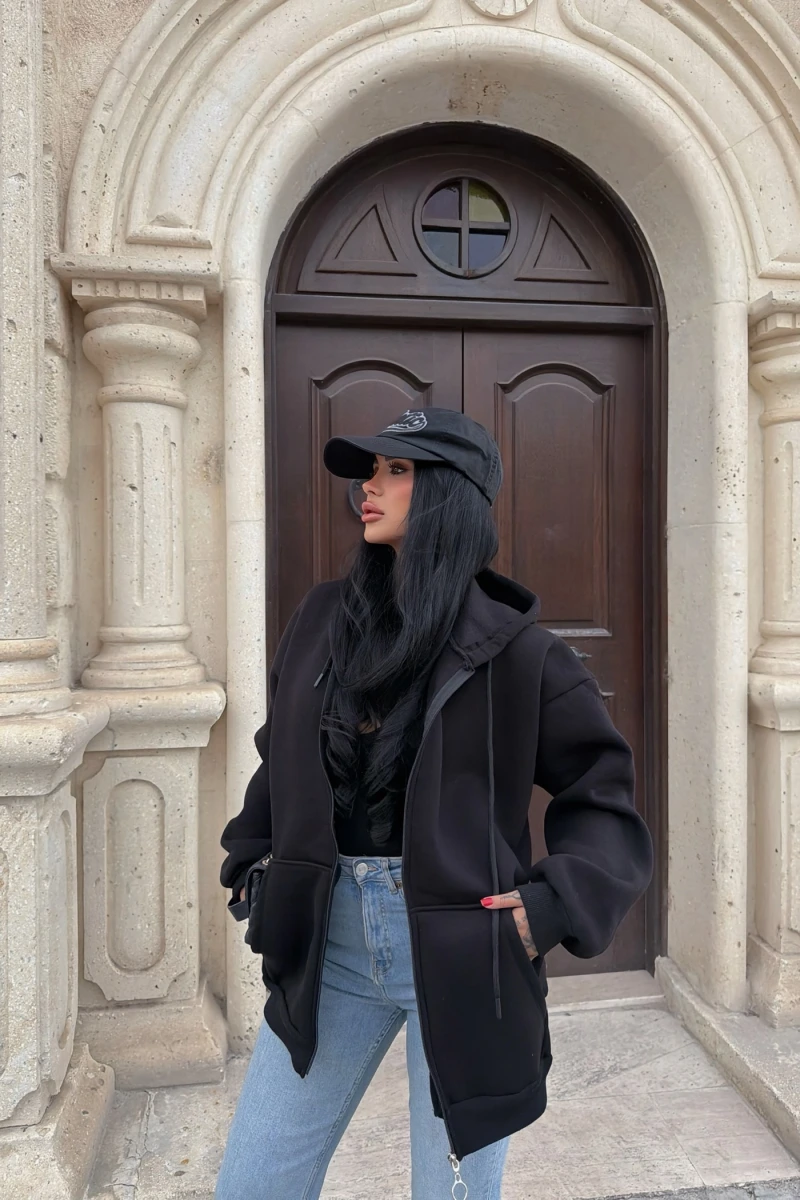 Siyah İçi Şardonlu Oversize Kapşonlu Hırka