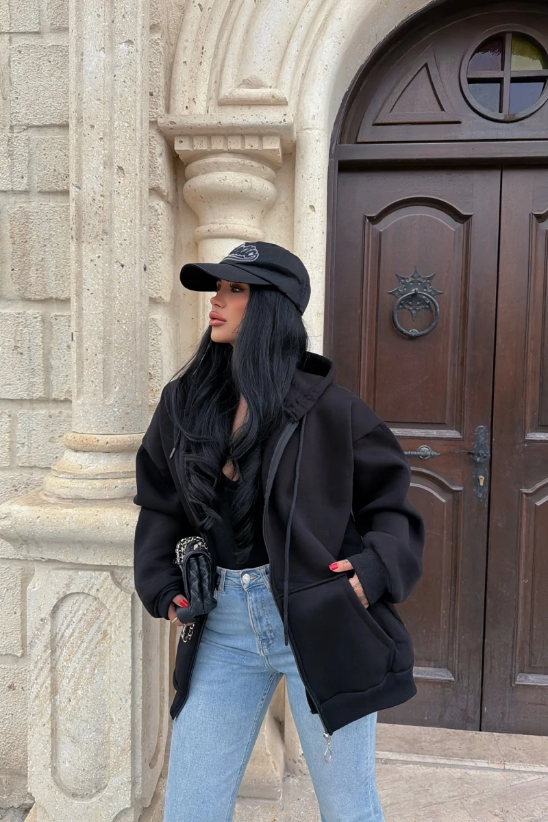 Siyah İçi Şardonlu Oversize Kapşonlu Hırka