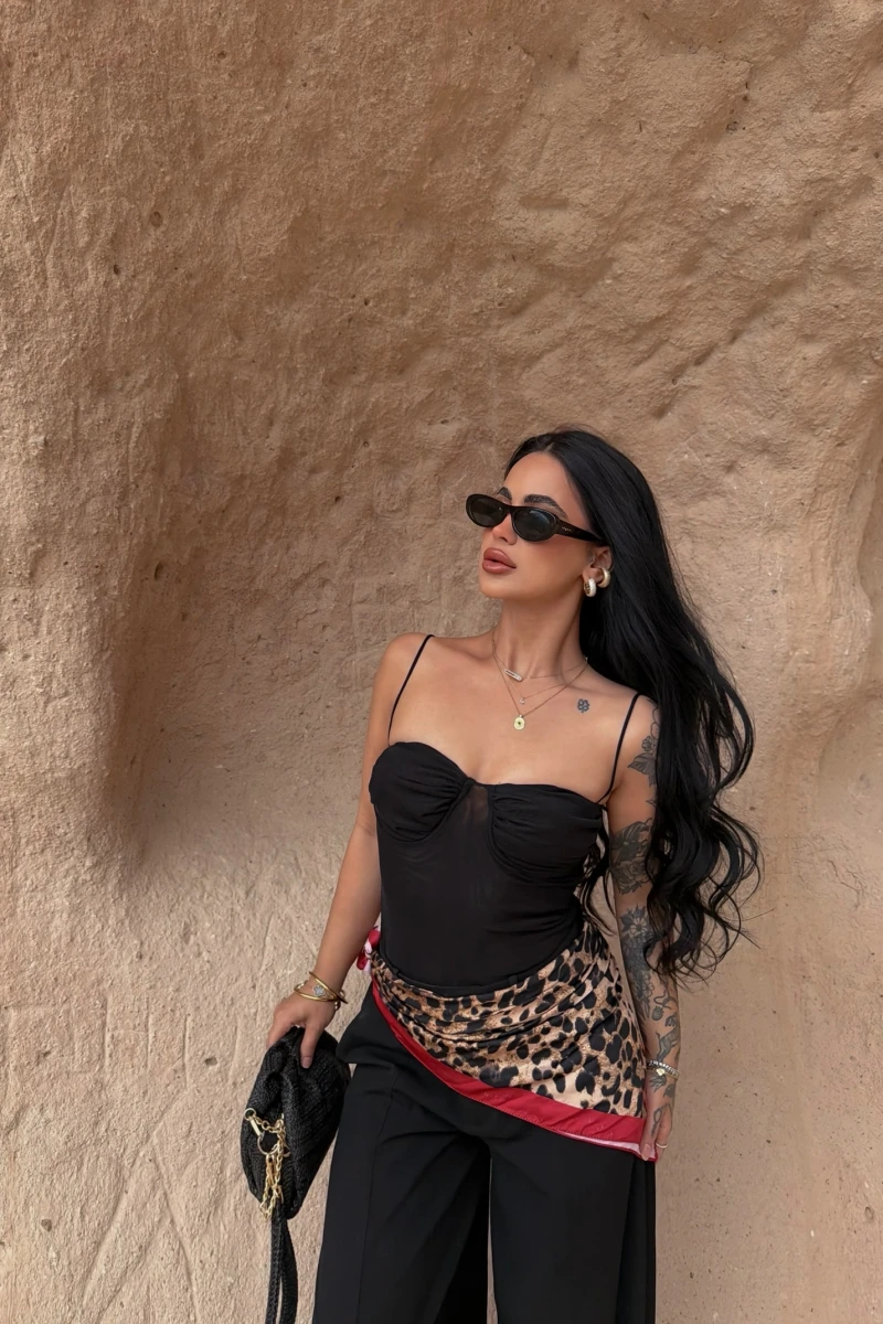 Siyah İp Askılı Tül Bodysuit