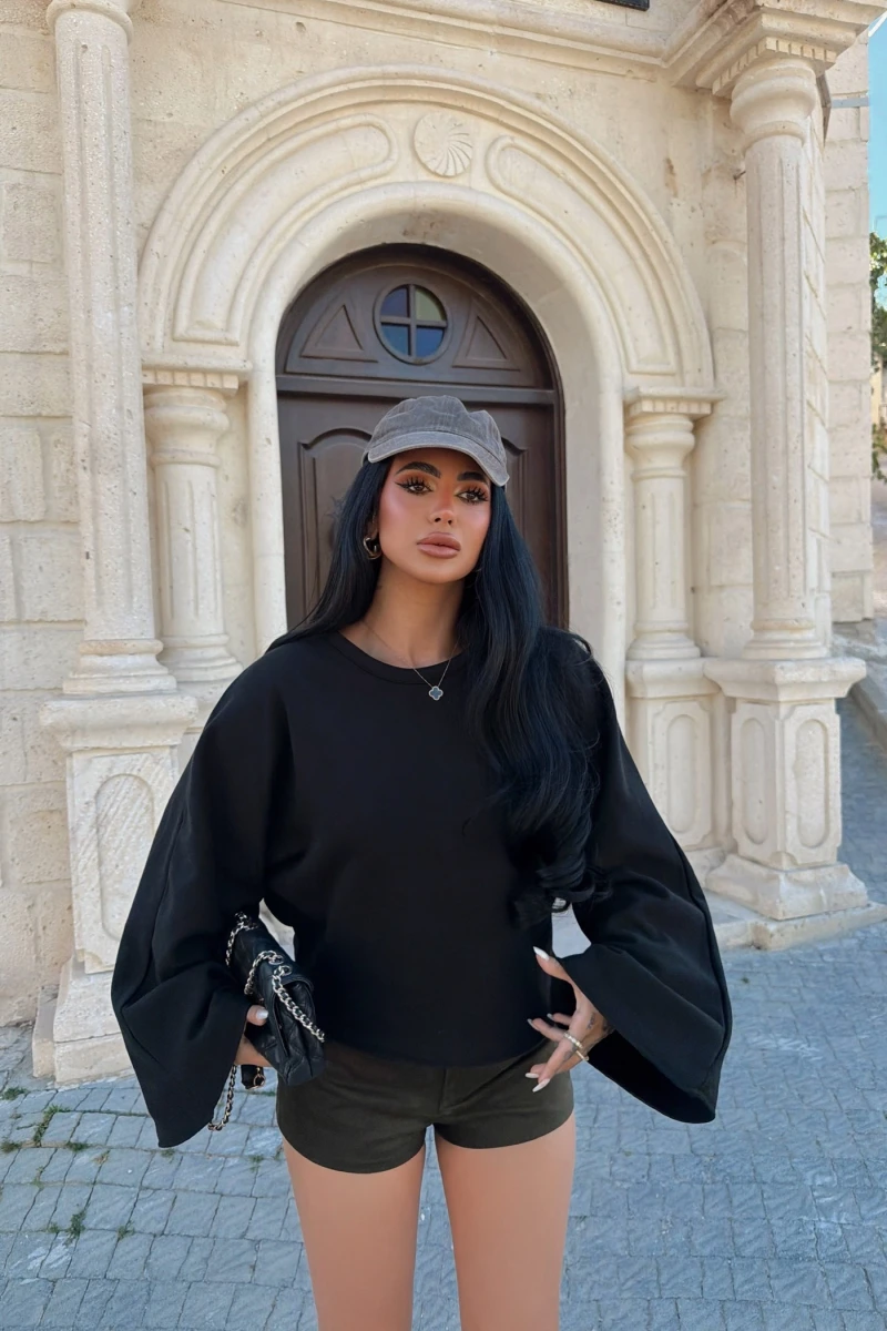 Siyah İspanyol Kol Basic Sweat