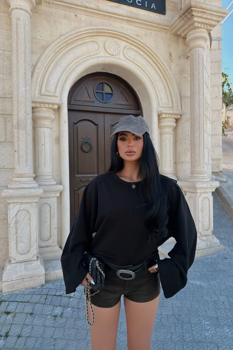 Siyah İspanyol Kol Basic Sweat