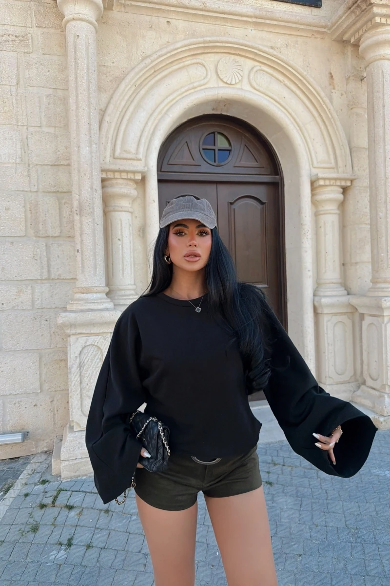Siyah İspanyol Kol Basic Sweat