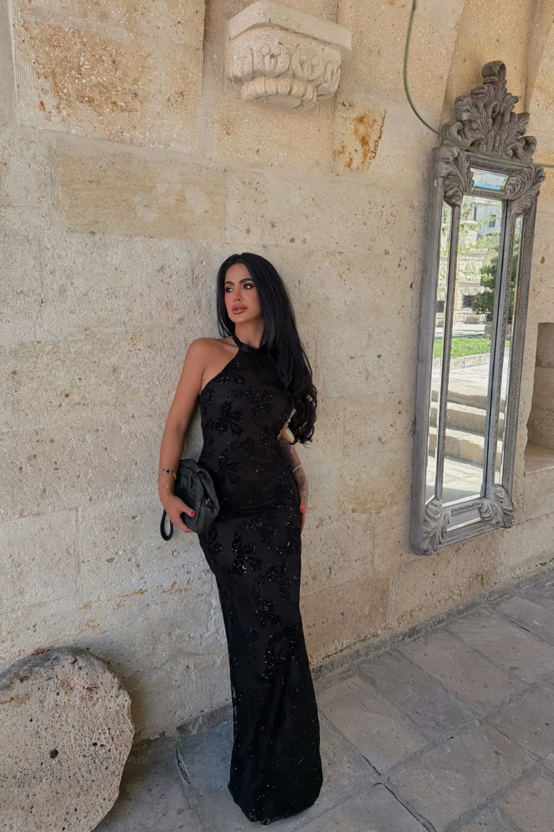 Siyah Jakar Desenli Maxi Elbise