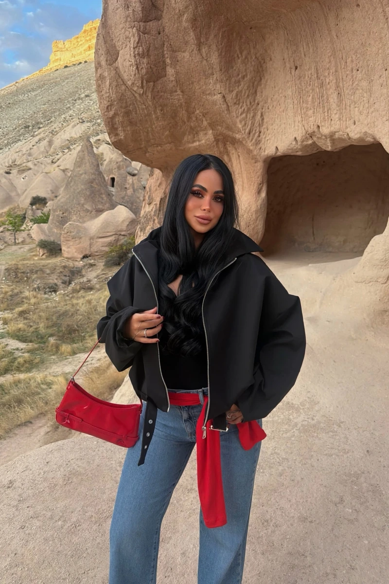 Siyah Kemerli Oversize Bomber Ceket
