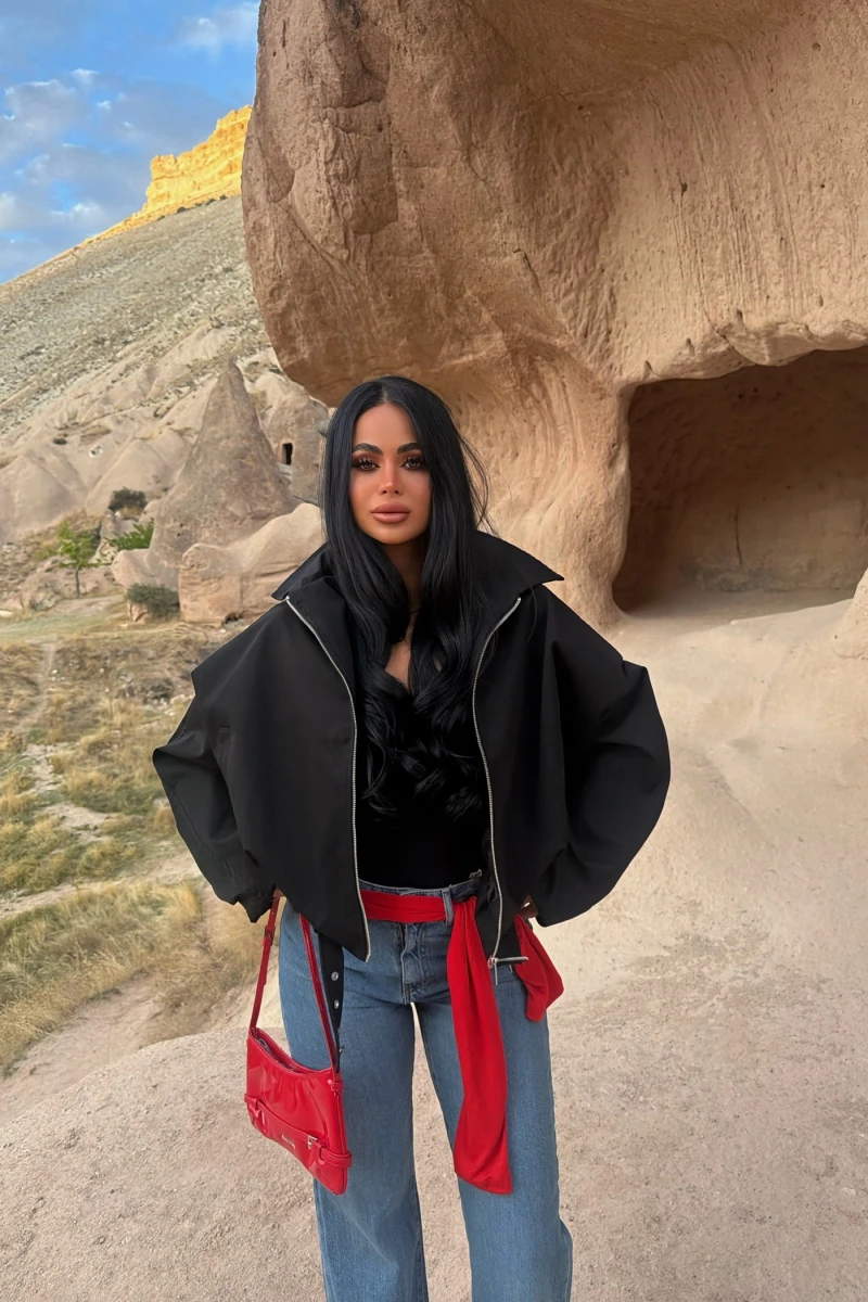 Siyah Kemerli Oversize Bomber Ceket