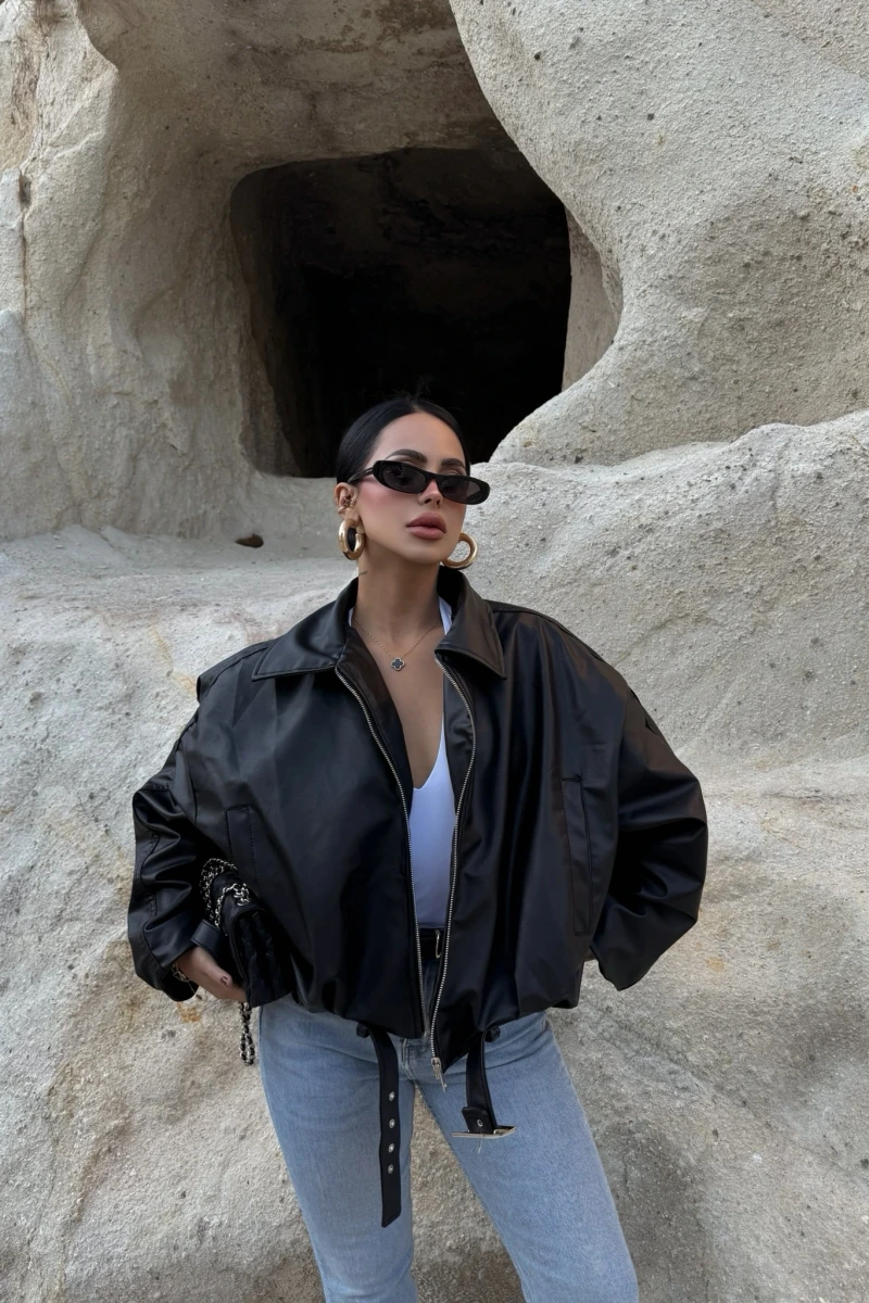 Siyah Kemerli Yarasa Kol Deri Mont