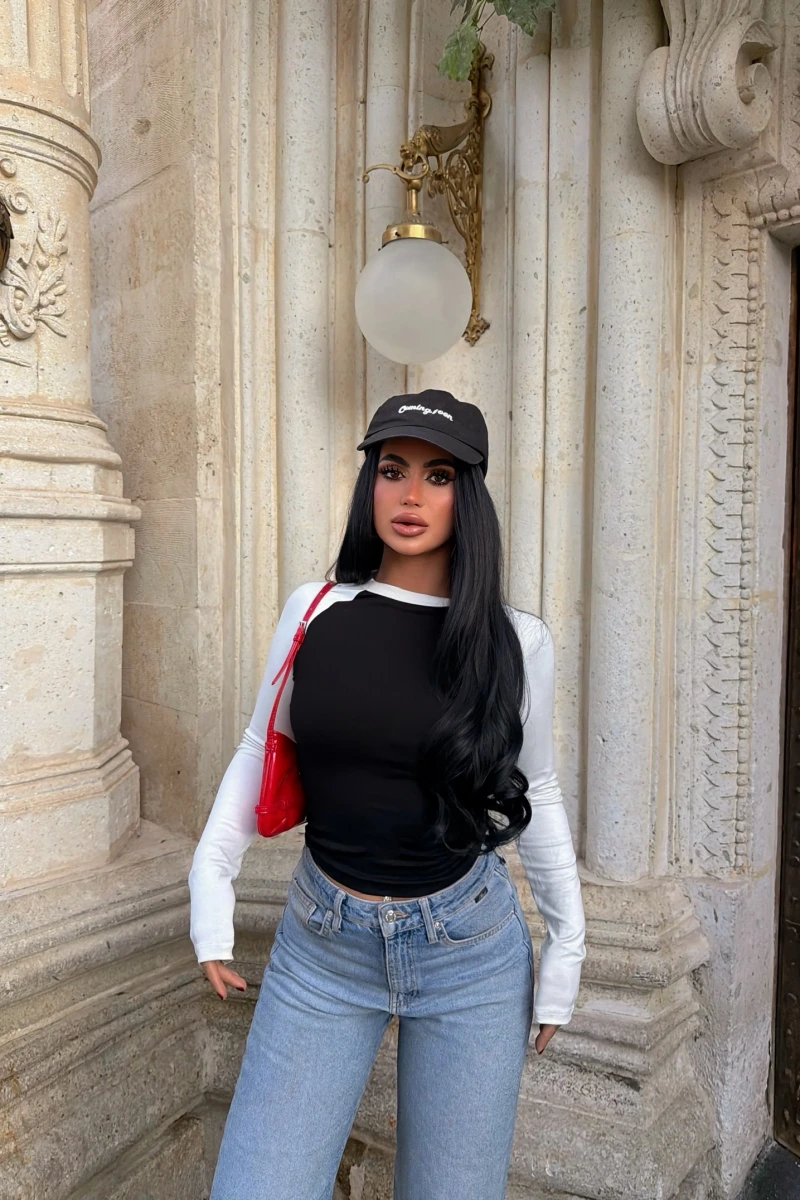 Siyah Kontrast Reglan Crop