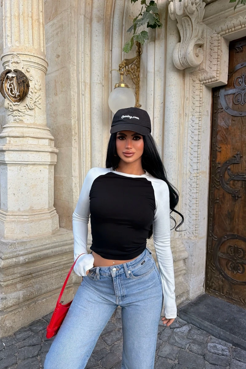 Siyah Kontrast Reglan Crop