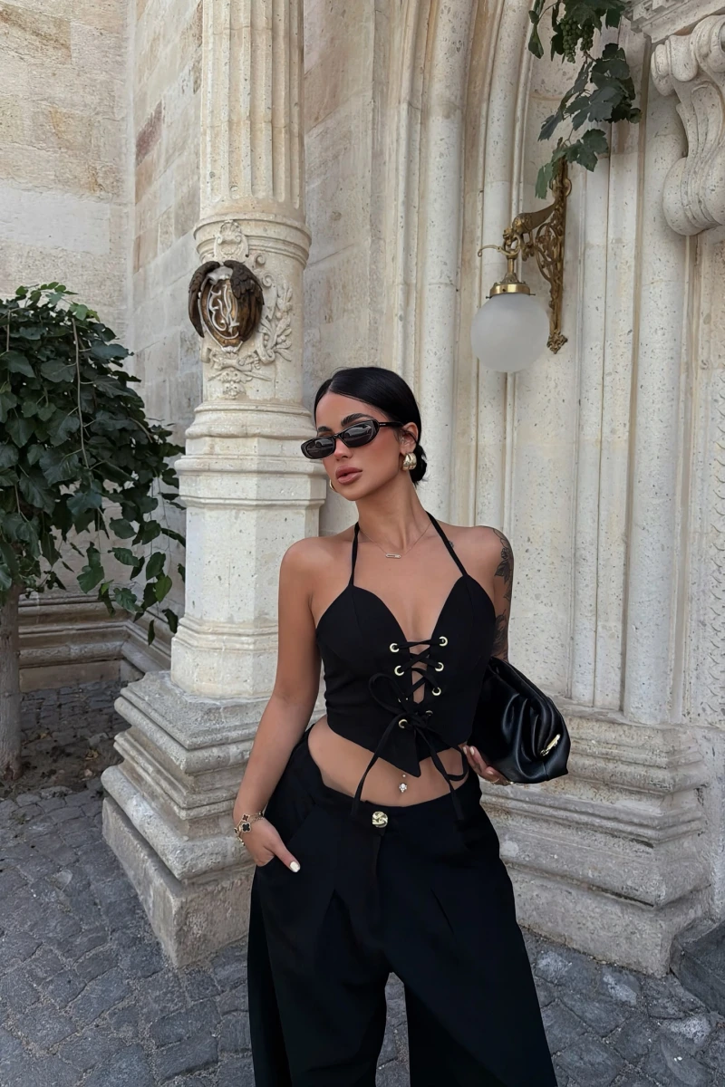 Siyah Kuşgözü Dokuma Lace Takım